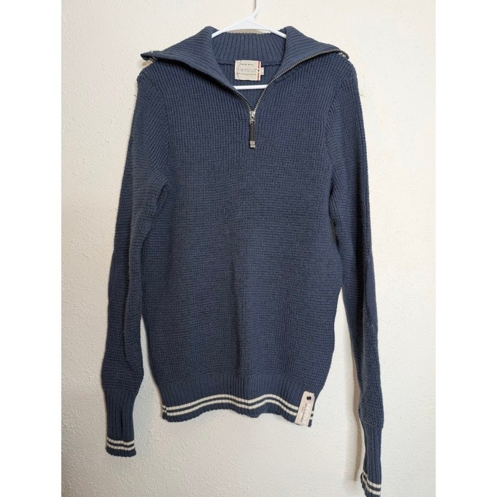 Devold Mens Small Navy Blue Knit Sweater Elbow Patches Norway 1/4 Zip Thumbholes